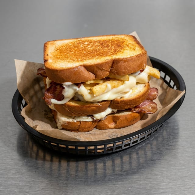 Bacon Cheese Fry Grilled Cheese Sandwich.